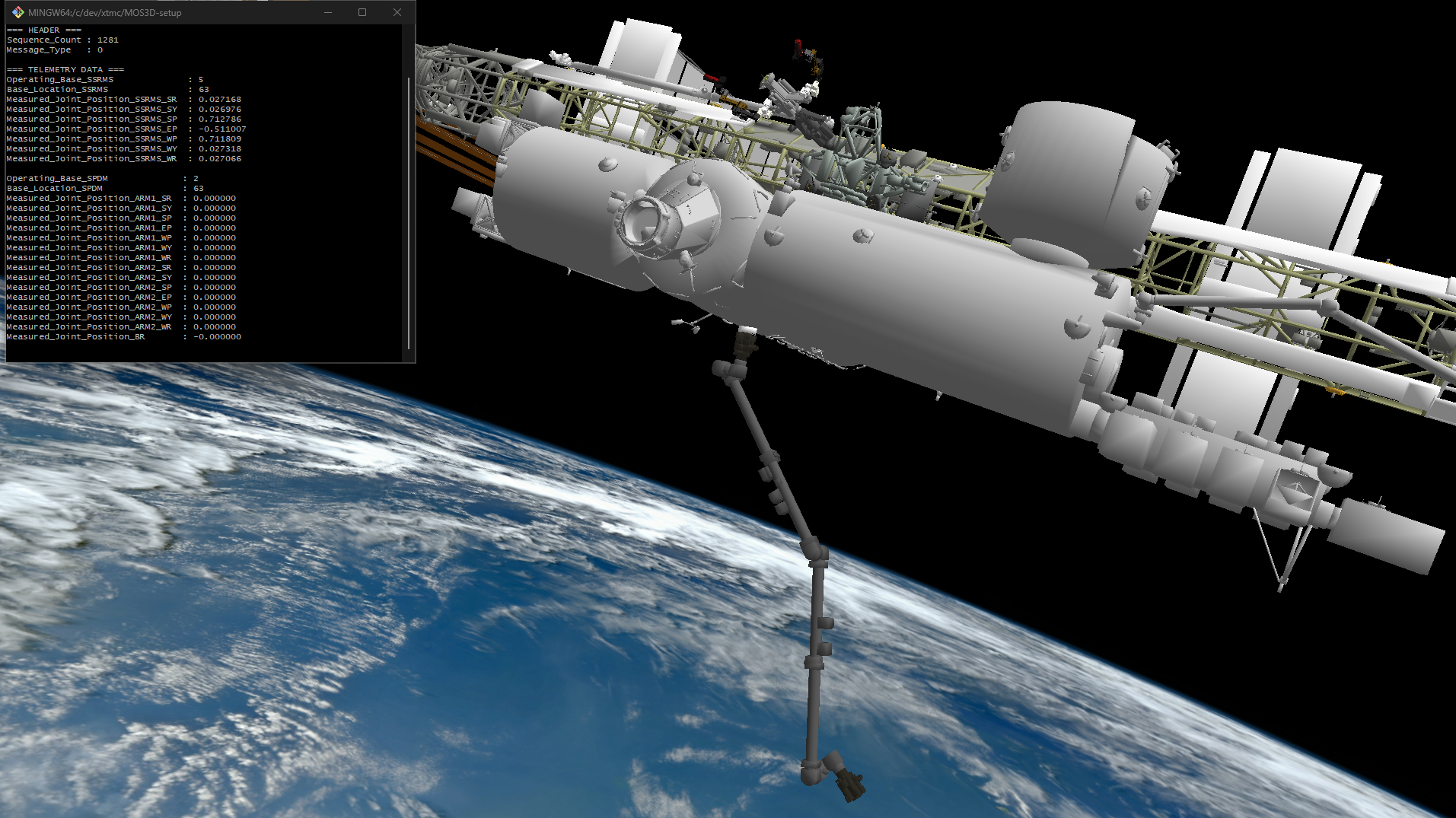 Canadarm2 simulation testbed rendering with live joint telemetry